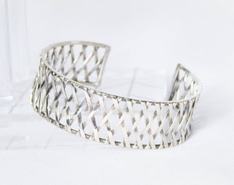 925 Sterling Silver Basket Weave Cuff Bracelet - Stunning Vintage - Signed