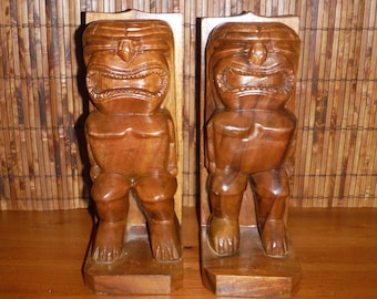 Vintage Wood Hand Carved Tiki Book Ends- Vintage Tiki Wooden Bookends - Wood Tikis - Vintage Tiki Bar Decor - Vintage Tropical Decor