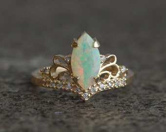 Vintage Marquise Opal Engagement Ring, Solid Gold Ethiopian Opal Marquise Ring, Art Deco Ring, Capucinne Jewelry, Fire Opal Ring