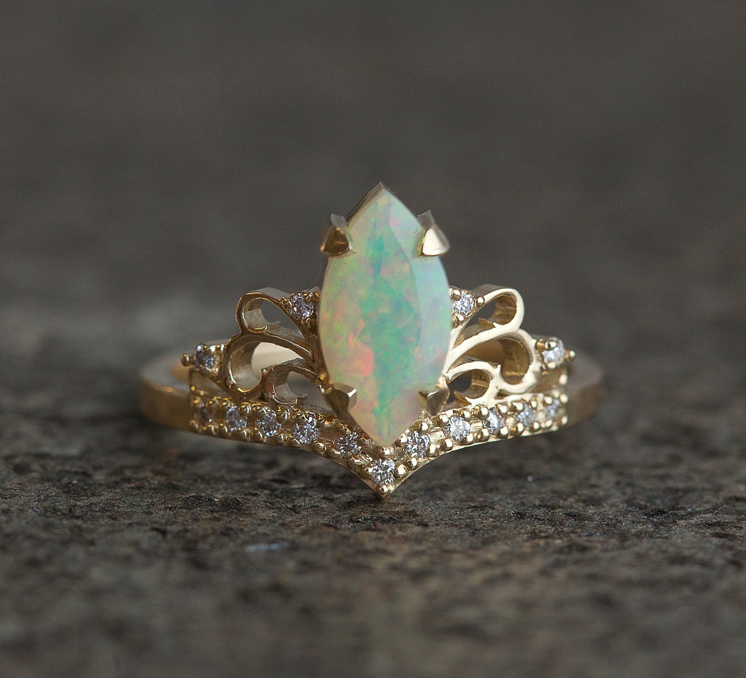 Vintage Marquise Opal Engagement Ring Solid Gold Ethiopian