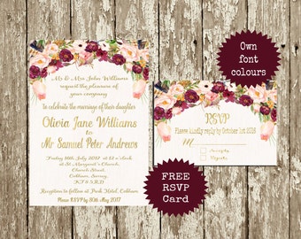 Marsala Wedding Invitation Printable Set Floral Watercolor Suite Maroon Peach Blush Boho Marsala Wedding Invitation Printable Set Floral Watercolor Suite Maroon Peach Blush Boho