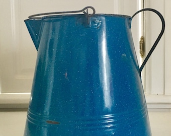 Vintage Extra Large Blue Speckled Enamelware Camping Coffee Pot