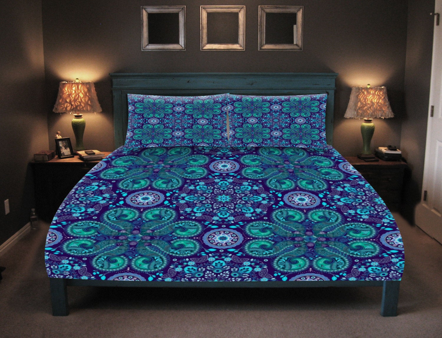 Boho Chic Bedding Duvet Cover Set Purple teal Mandala Lace