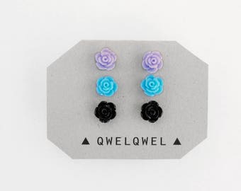 Pastel Rose Earrings // Pastel Goth Stud Earring Set // Violet, Blue, and Black Roses // Soft Grunge Goth Punk Kawaii Emo Studs Set