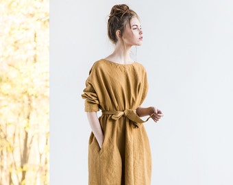 Oversized loose fitting linen dress with DROP SHOULDER long sleeves in amber yellow / Washed linen tunic