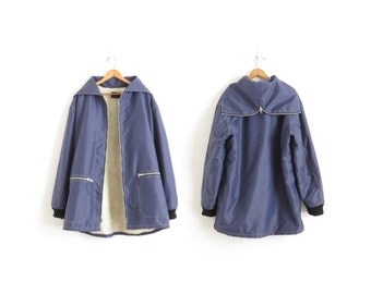 Sherpa Jacket Faux Sheepskin Coat Aesthetic Clothing Mens Winter Coat Vintage Grunge Clothing Vintage Parka Mens Jacket 90s Navy Coat Large