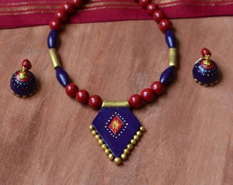 Indian jewelry - Statement necklace - Boho necklace - Ethnic jewelry - Terracotta jewelry - Polymer clay jewelry - Red purple necklace set