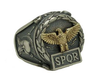 Exquisitely Handcrafted Sterling Silver 925 and Yellow Gold 10K Custom Made Mens Ring , Roman Empire Eagle SPQR , Skull Biker