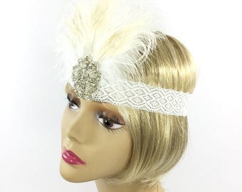 Flapper White Peacock Headband, Great Gatsby Headpiece, White Peacock Headpiece, Flapper Feather Headband #A763