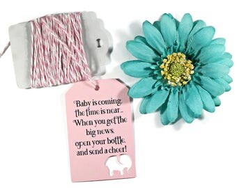 Open Your Bottle Baby Shower Tags Set of 20 - Baby is Coming - Light Pink Elephant Tags - Champagne Favors - Send a Cheer - Baby Girl Favors