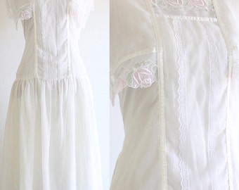 Vintage 1960s Gunne Sax Dress / White Lace / Floral / Drop Waist / Cotton Blend / Ivory Midi Dress / 60s Clothing