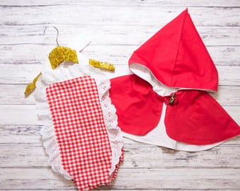 Little Red Riding Hood Baby Girl Romper, baby girls halloween costume, Little Red Riding Hood cape and romper