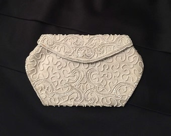 Vintage White Beaded Belgium Clutch