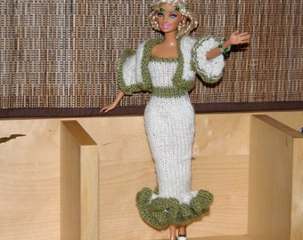 Ivory and green coat for Barbie - Hand-knitted - knit