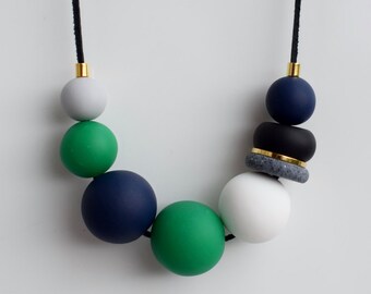 Green Chunky necklace, Navy Statement necklace, Modern necklace, Beaded jewelry, Geometric necklace, Polymer Clay necklace, Modern jewelry