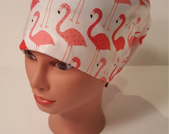 Fabulous Flamingo Euro scrub cap, CLOSE fit euro scrub hat, surgical hat, nurse, chemo cap, vet, surgical cap, chef hat, alopecia, OR caps