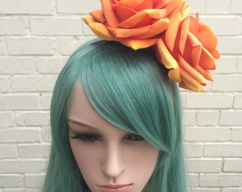 Orange Rose Fascinator, Orange Hair Flowers, Large Rose Headband, Wedding Fascinator, Tangerine, Pumpkin, Races Hair Accessory, Pin Up