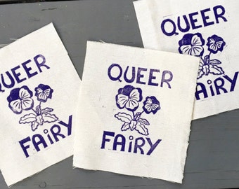 Queer Fairy patch, Pansy patch, Queer patch, Femme patch, Back patch, LGBT patch, Purple patch, Linocut print, Block print, Queer pride