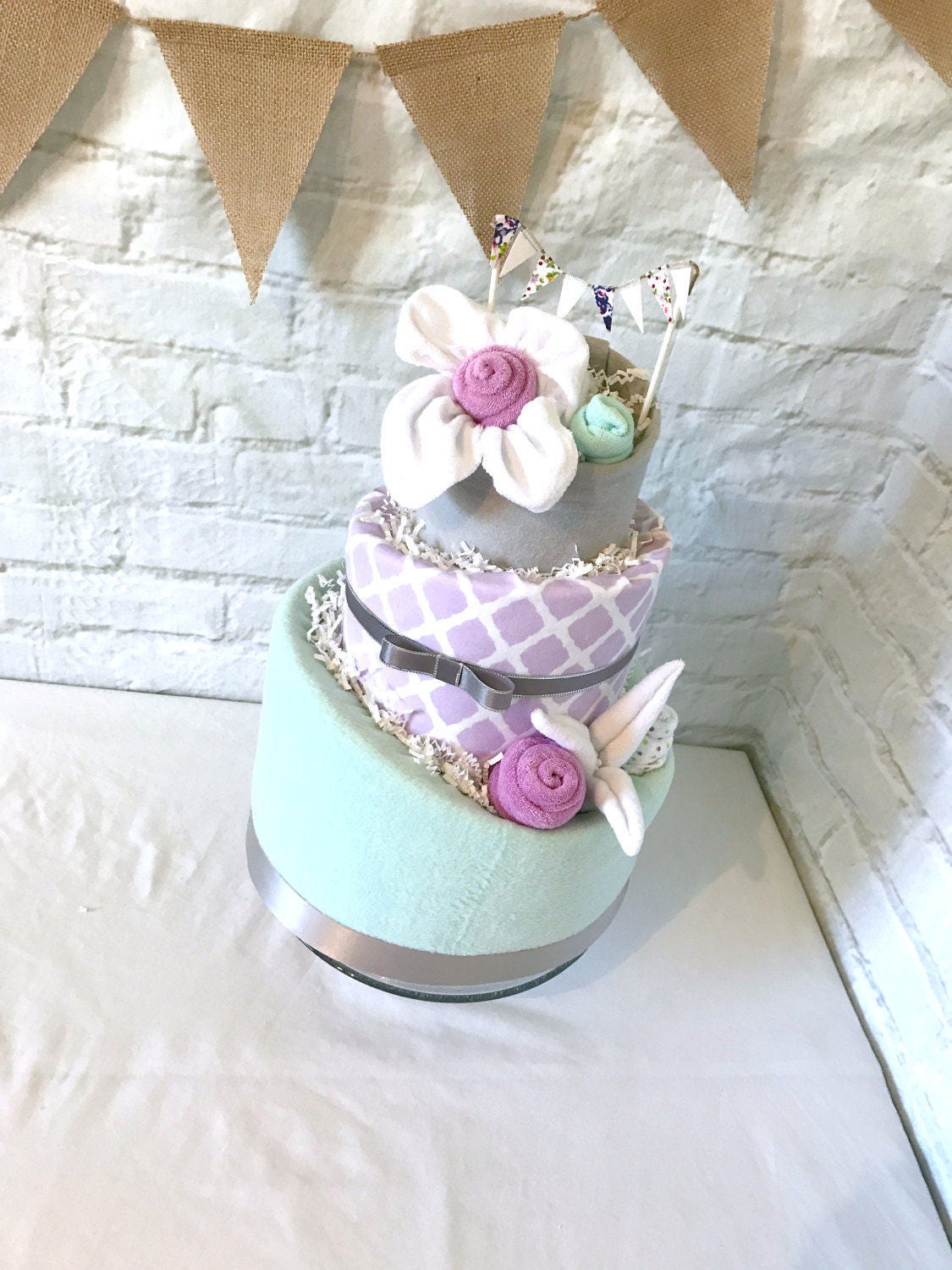 It's a girl diaper cake for girl Mint and lilac baby shower Baby shower decor Modern diaper cake Purple diaper cake Mint diaper cake