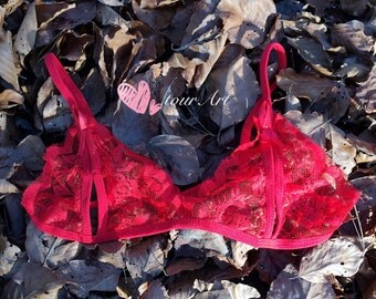 Red lace bralette and thong pantie, sexy and cute bralette, ultra light weight and soft that is made for comfort, a set of flirty langerie