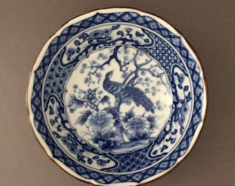 Japanese Blue and White Peacock and Floral Bowl - 6"