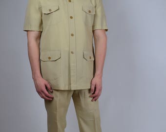 Men's Safari Suit, 70s Suit, Vintage Suit, Short Sleeve Suit, Kaki Suit, 1970s Suit, Disco Suit, Day Suit, Steam Punk Suit, Explorer Suit,