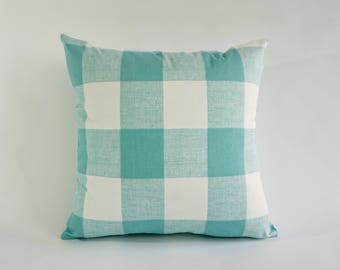 SET OF TWO Decorative Throw Pillow Aqua and White Buffalo Check Print on Medium Weight Cotton