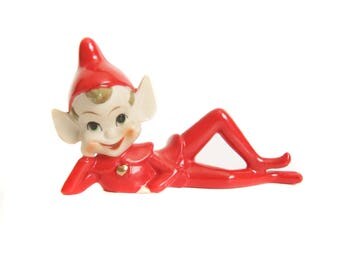 Ceramic Elf Figurine, Red Elf Laying Down, Pointy Ears, Japan Pixie Elf, Vintage Elf, 1950's 1960's Mid Century Holiday Decoration