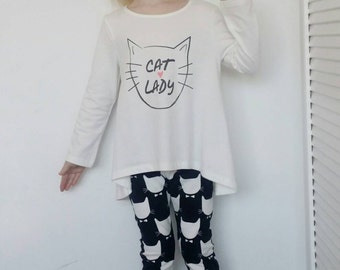 Monocrome leggings, cat leggings, black and white, girls leggings jersey clothing, kids clothing, uk