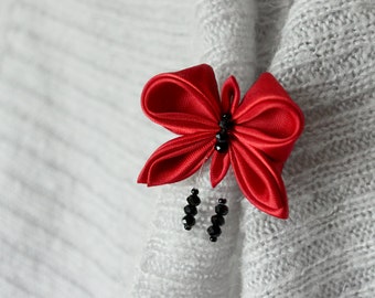 Red brooch Butterfly brooch pin Gift for girl Mothers day gift|for|her Kanzashi Boho gift for coworker Black red jewelry Cute fabric brooch