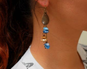 Rustic bohemian teardrop bronze earrings, Ethnic blue brown drop earrings, boho hippie jewelry, tribal chain earrings, unique design