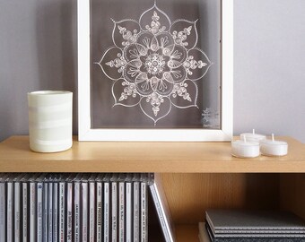 MANDALA Kolam JAIPUR 25cm/10"- white paper Quilling, double sided glass shadowbox