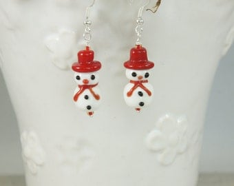 Snowman Lampwork Bead Earrings, Snowmen Earrings, Snowman Earrings, Lampwork earrings, Christmas Earrings, Holiday Earrings, Item #83
