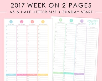A5 2017 Week On 2 Pages (Hourly Schedule & To-Do) Printable | 2017 Weekly Planner, 2017 Weekly Inserts, Pastel, Instant Download