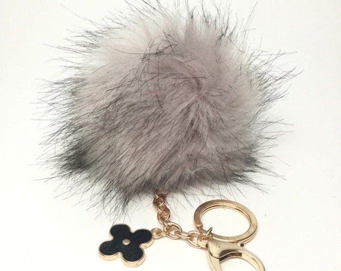 NEW! Faux Fox Fur Pom Pom bag Keyring Hot Couture Novelty keychain pom pom fake fur ball Light Grey