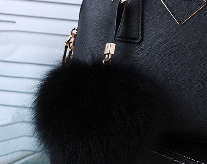 Black Fox Fur Pom Pom luxury bag pendant with leather strap buckle key ring chain bag charm