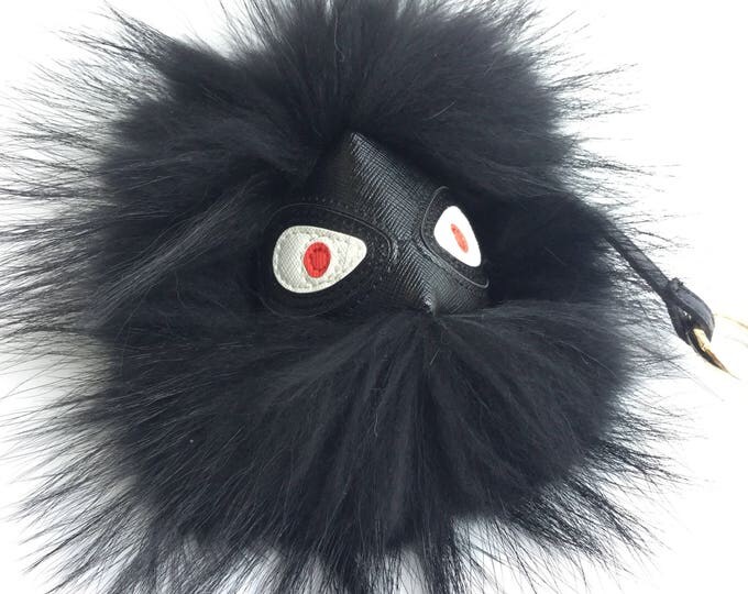 Black Monster Keychain Fur Pom Pom Chain Ball Bobble Key Ring Bag Pendant Charm with Strap and Metal Buckle - Real Fur