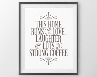 Christmas Decor Wall Art Print This Home Runs on Love Laughter & Lots of Strong Coffee Quote Inspirational Wall Decor Print Family Quote