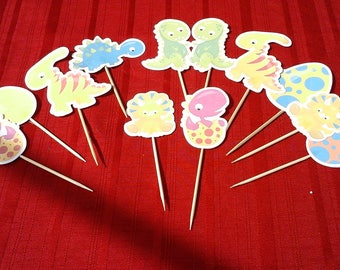 Baby DINOSAUR Cake Toppers...baby dinosaur Cupcake Toppers Set of 12... Choice of one side or two sided pick
