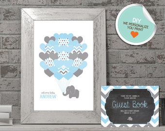 Elephant Baby Shower Guest Book, Elephant Guest Book, Blue, Gray, Chevron (Matches Chalkboard, Hearts) | DIY