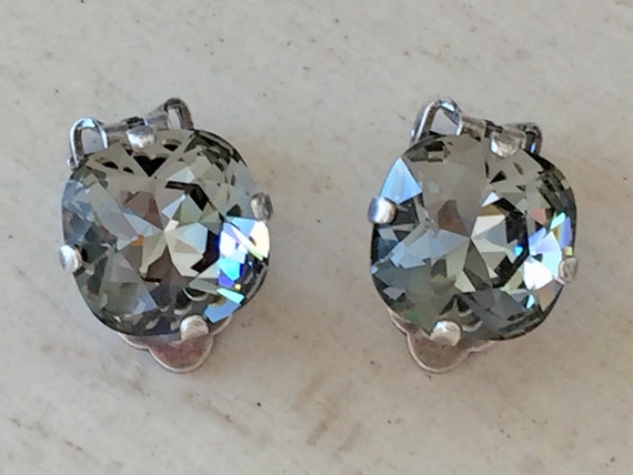 Black Diamond Crystal Clip On Earrings, Antique Silver