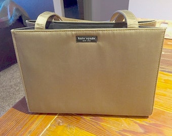 Vintage Kate Spade Nylon Twill Handbag Authentic Pre-1996 Label Gleaming Antique Bronze Green Blk Lining Magnetic Clasp Clean Neat XLNT cond