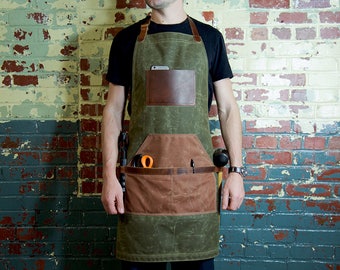 Leather and Canvas Apron, Waxed Canvas Apron, Work Apron