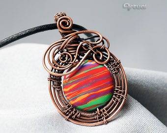Wire wrapped jewelry, Rainbow Calsilica pendant, copper wire pendant, girlfriend gift, wirewrap necklace, gemstone jewelry, red jewellery