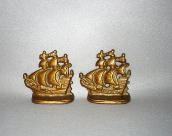 Vintage Cast Iron Ship Bookends Brass Finish