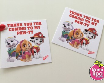 Paw Patrol party, Set of 24 2.5" x 2.5" thank you for coming cards or stickers, favor tags, paw patrol, personalized favor tags, kids party