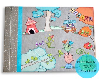Custom baby keepsake book, personalized baby memory book, baby's first year album, custom baby book, baby journal, circus illustration