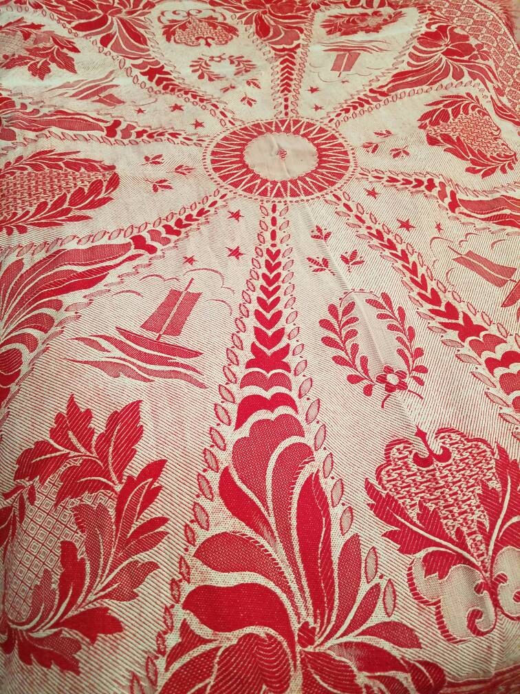 Vintage Jacquard Coverlet Antique Coverlet Bedspread Red