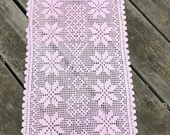 Crocheted Runner, Vintage Handmade, Shabby Chic Pink
