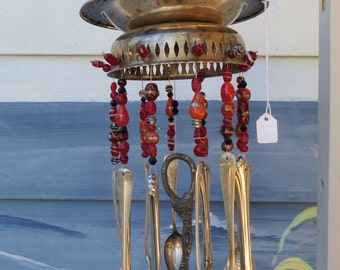 Vintage Shabby Chic Kitchenware Silverware and Glass Bead Wind Chime REDS & ORANGE